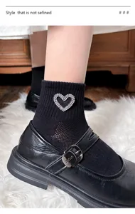 Chaussettes courtes en coton pour femmes avec design de coeur strass noir élégant quotidien