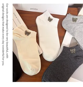 Women summer thin cotton boat socks with cute butterfly metal decoration, comfortable and stylish.
