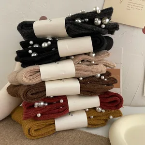 Cozy pearl knit stacked socks for women, stylish winter warm mid-tube wool blend socks.