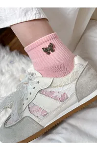 Pink mesh ankle socks for women featuring cute rhinestone butterfly bow, sweet and breathable.