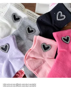 Femmes été mince résille coton chaussettes courtes avec strass cœur détail mignon chaussettes