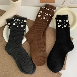 Pearl ribbed knit mid tube socks for women fashion casual winter warm thick boots hosiery