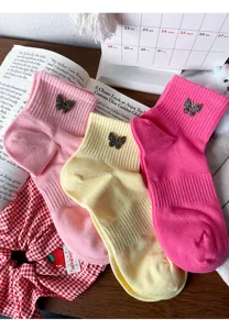 Women short cotton socks with rhinestone butterfly charm, cute sweet style knit hosiery detail.