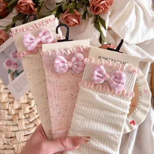 Sweet Princess Style Womens Mid Calf Socks Cute Bowknot Lettuce Trim Cotton Breathable Spring Daily Fashion Socks