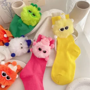 Girls Cute Crew Socks Sweet Little Elf Mid Tube Socks Cotton Cartoon Plush Doll Fashion Casual Children Socks