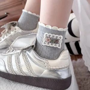 Women's Cute Ruffle Lace Trim Crew Socks Cotton Blend Breathable Short Socks For Spring Summer Daily Wear