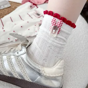 Women Cute Lettuce Trim Mid Calf Socks Cotton Polka Dot Stripe Rabbit Design Casual Daily Hosiery