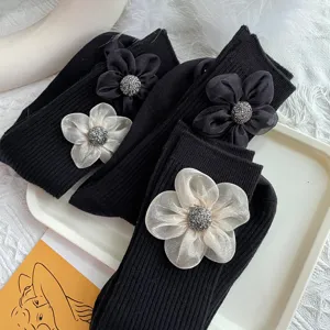 Women's Autumn Winter Crew Socks Casual Solid Color Cotton Blend Socks With 3D Floral And Rhinestone Embellishments