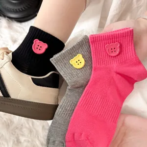 Women Cute Bear Button Cotton Short Socks Breathable Mesh Sweet Casual Daily Wear Fashion Crew Socks