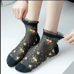 Sheer black floral embroidered ruffle trim ankle socks for women spring summer fashion