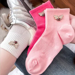 Women Mesh Short Socks Rhinestone Bee Decor Cotton Blend Sweet Style Casual Breathable Daily Wear Footwear Accessories