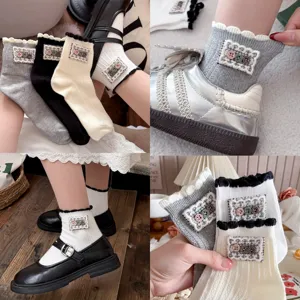 Cute ruffle button women socks Japanese style lace trim short socks sweet college style fashion