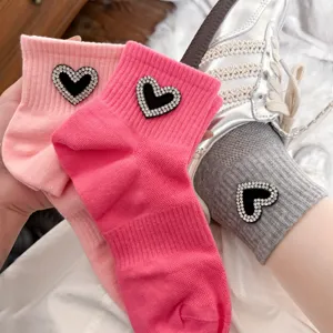 Chaussettes Basses en Coton pour Femmes Douces Cœur en Strass Respirantes d'Été Chaussettes de Cheville Quotidiennes