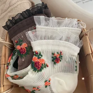 Vintage floral lace ankle socks for women, breathable sheer mesh cute fashion hosiery.