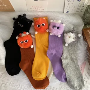 Women cute plush doll mid tube socks funny fuzzy ball casual hosiery daily wear socks