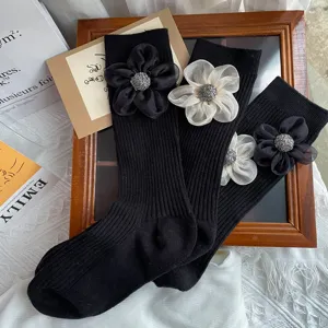 Women black mid tube socks autumn winter 3D flower rhinestone cute cotton long hosiery