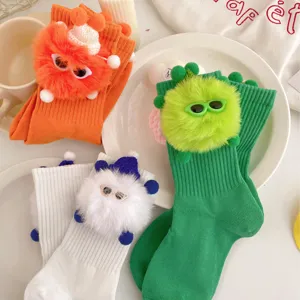 Cute plush monster socks for girls, Korean style soft cotton mid-tube socks stylish daily wear.