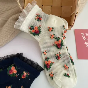 Vintage floral sheer lace trim short socks for women, stylish spring summer breathable hosiery.