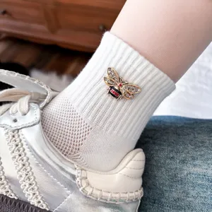 White mesh cotton women short socks with rhinestone bee design, cute college style ankle socks
