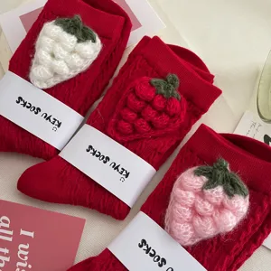 Cute red knit socks with 3D crochet strawberries. Sweet style winter cotton mid-tube socks.