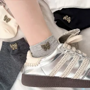 Rhinestone butterfly short socks, breathable cotton ankle socks, stylish daily wear socks.