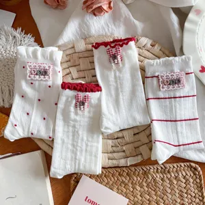 Cute ruffles mid-calf socks with red dots and stripes sweet style cotton white socks for women