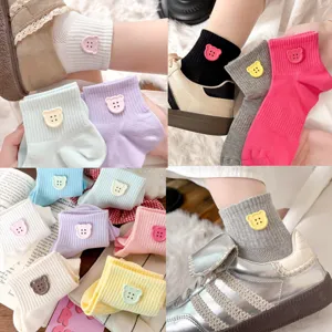 Cute dopamine bear button mesh short socks for women, soft breathable spring summer cotton socks