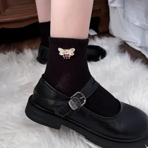 Spring new cotton mesh rhinestone bee short socks with black mary jane shoes stylish