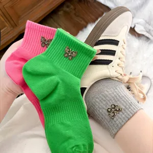 Women's cute cotton ribbed short socks with sparkling rhinestone butterfly charms, sweet style.