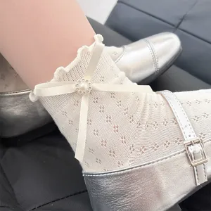 Women's Summer Thin Cotton Mesh Breathable Lace Lettuce Trim Bow Artificial Pearl JK Mid-Calf Socks