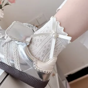 Summer thin women mesh socks with cute lace ruffle ribbon pearl bow breathable short hosiery