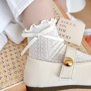 Women summer thin breathable mesh ruffle socks with sweet heart bow and white flat leather shoes