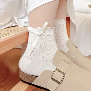 Sweet white mesh women's short socks with cute bowknot and pearl for sweet lolita style.