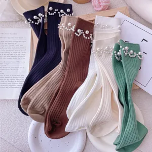 Stylish pearl embellished mid-calf socks for women, trendy knit ribbed autumn hosiery