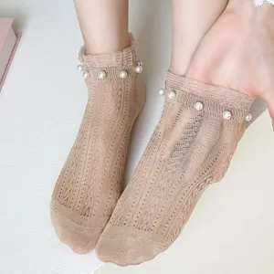 Japanese sweet pearl lace short socks for women, breathable mesh spring summer thin hosiery.