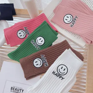 Women fall winter ribbed mid-tube socks cute smiley face letter patch casual knit hosiery