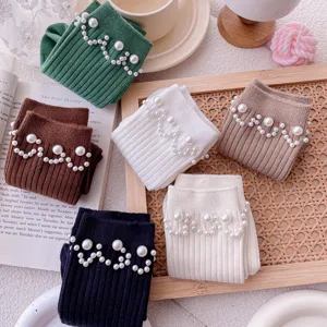 Women pearl ribbed knit mid-tube socks trendy wave cute casual fashion daily wear style