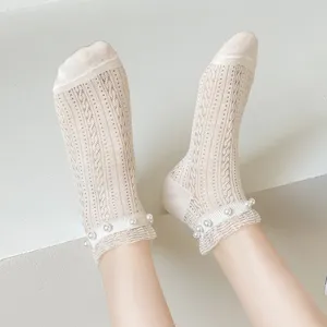Japanese sweet women's socks, short mesh style with pearl and lace trim, spring summer.