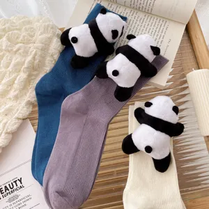 Cute 3D plush panda crew socks for women, sweet college style comfortable cotton casual socks.