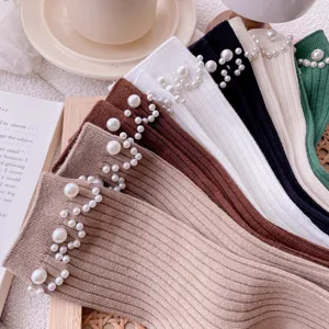 Women pearl ribbed crew socks stylish autumn winter knit fashion casual wear hosiery