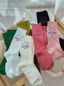 Autumn winter cute embroidered smiley face letter knit mid calf socks casual sports college style