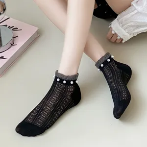 Japanese sweet black mesh short socks with elegant pearl lace trim, breathable and trendy.