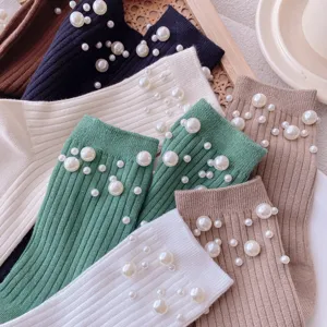 Women Pearl Ribbed Socks Japanese Style Cute Slouch Socks Casual Knit Crew Socks