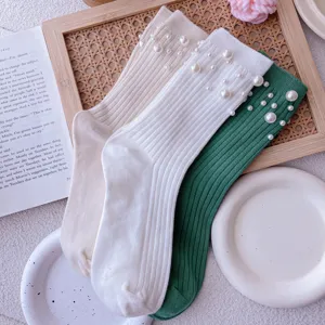 Women pearl mid-tube socks Japanese style knitted ribbed hosiery with elegant beaded cuffs