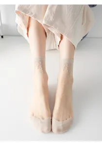 Women summer sheer crystal silk socks, thin anti-snag lace top cotton bottom breathable.
