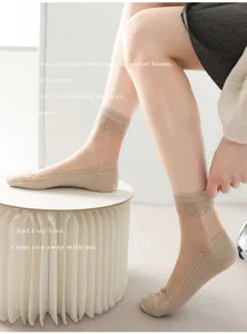 Women sheer lace crystal silk socks, summer thin breathable floral ankle socks for ladies.