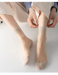 Detail shot of summer sheer lace ice silk socks, featuring breathable thin crystal fabric.