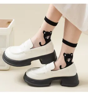 Cute black cat sheer socks women spring summer thin glass silk stockings loafers shoes
