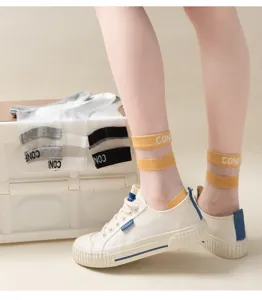 Women transparent crystal silk short socks with double bar letters thin breathable ankle socks