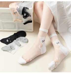 Transparent crystal silk cat socks for women featuring cute cartoon cat design and cotton sole.